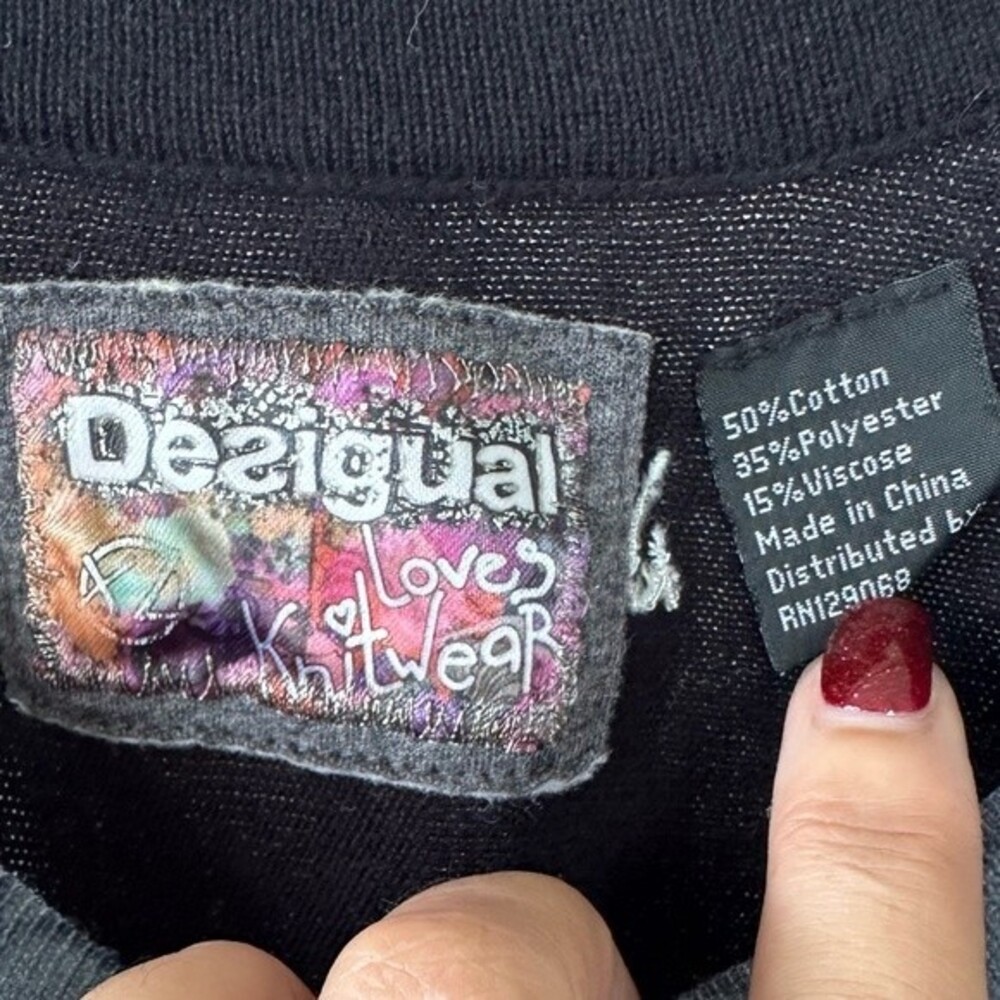 Desigual Loves Knitwear Art Deco Floral Exotic Bird Side Tie Unique Sweater XL - Picture 4 of 8